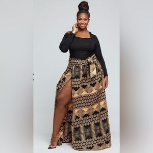 Diyanu Geometric A-Line Skirt with fitted off the shoulder black top.